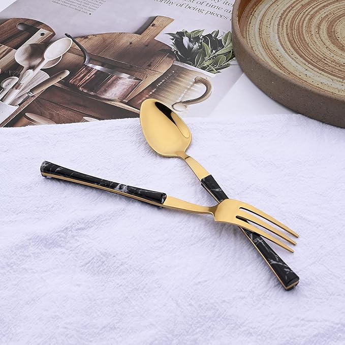 24PCS Silverware Set 18/0 Stainless Steel Flatware Set for 6 Includes 6 Dinner Knife/6 Dinner Fork/6 Dinner Spoon/6 Teaspoon Mirror Polished Cutlery for Home - Black Gold Eating Utensils