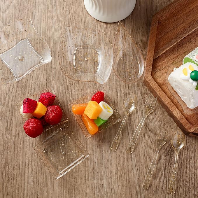 Tessco 400 Pcs Mini Dessert Plates Set, Including 200 Disposable Appetizer Plates Assorted Shape 100 Mini Plastic Forks 100 Plastic Spoons for Party Birthday(Gold Glitter)