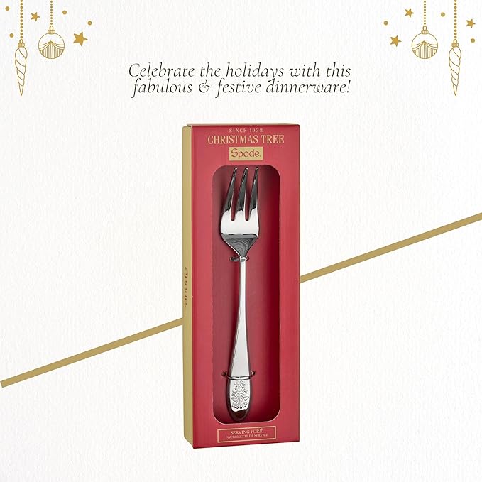 Spode Christmas Tree Serving Fork, Holiday Flatware for Your Favorite Christmas Dishes, 18/10 Stainless Steel Cutlery for Festive Table Settings, 10-Inch Dishwasher Safe Holiday Utensils
