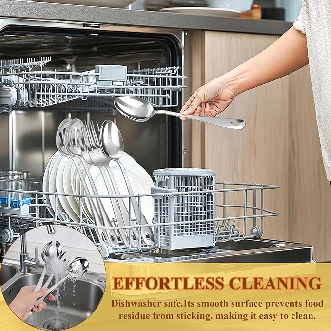 6 Pcs Serving Utensils Set, 11 Inch Silver Serving Utensil with 2xServing Spoons, 2xSlotted Spoons, 2xServing Forks, Stainless Steel Utensil Set for Party Banquet Catering Buffet