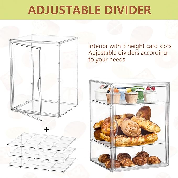 Pastry Display Case,Bread Box for Kitchen Countertop,4 Layers Adjustable Clear Bread Storage with Magnetic Door Bakery Pastry Display15.5x11.4x9.8inch,4 Pack