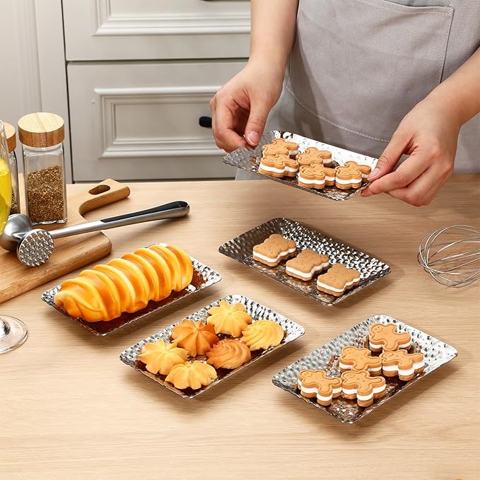 12 Pcs Hammered Metal Serving Tray 6.3 x 3.94 Inch Rectangle Stainless Steel Silver Tray Decorative Storage Platter for Vanity Plate Jewelry Dish Tea Fruit Platter Kitchen Bathroom Storage