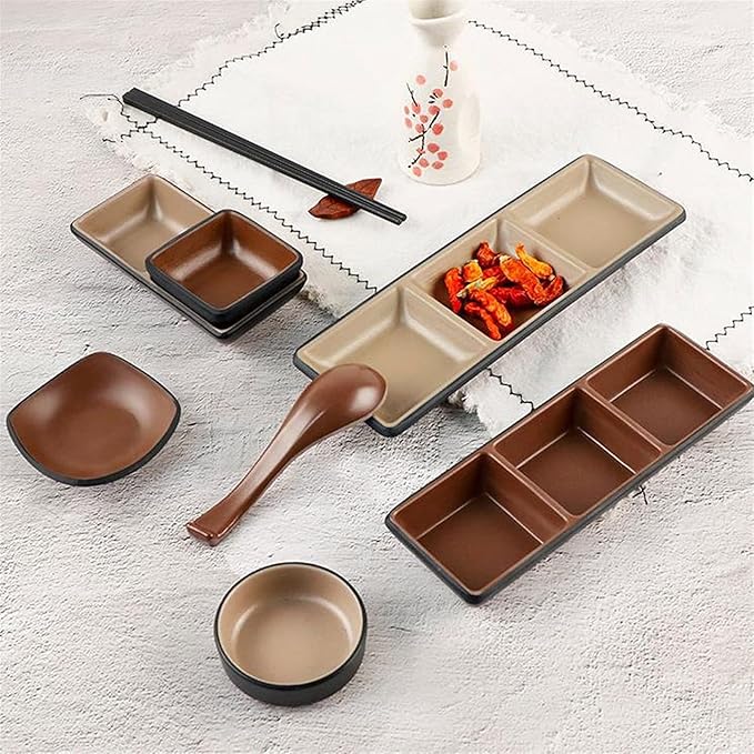 Condiment Tray 8.43 Inch Rectangle Plastic Appetizer Plates Dipping Soy Sauce Dishes Vinegar Olive Oil Ketchup Snack and Dessrt Seasoning Dishes(3 Compartment) Dip Sets(B)