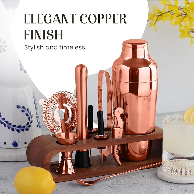 Mixology & Craft Bartender Kit: 10-Piece Cocktail Shaker Set with Dark Bamboo Stand | Complete Cocktail Kit Gift Set | Top Bartender Gifts for Men & Women | Leak-Proof Design (Copper)