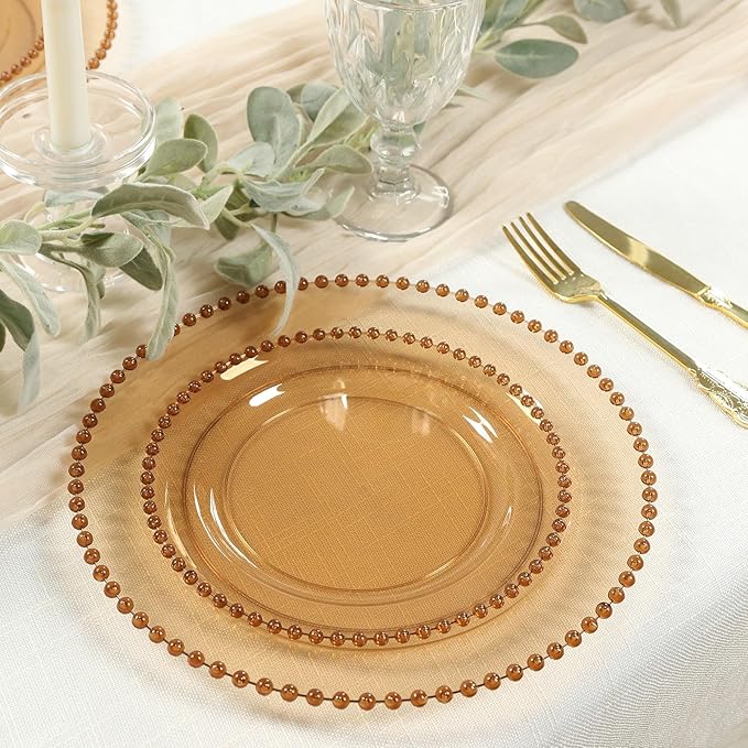 8" Salad Plates - Set of 10 - Plastic Amber Round Disposable Dessert Appetizer Plate with Beaded Rim, Ideal for Dinner Party Wedding Bulk Events