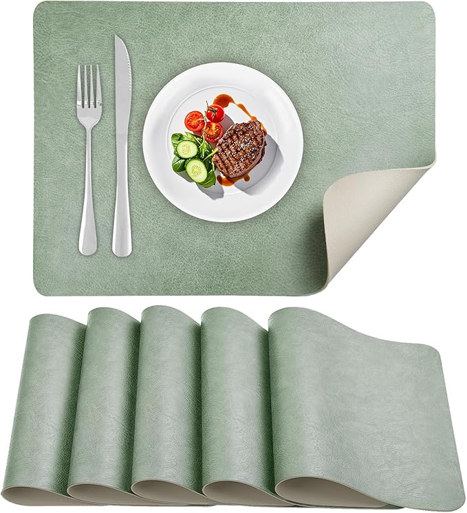 Faux Leather Placemats Set of 6 Table Mats Heat Resistant Reversible Place Mats, Waterproof Wipeable Dining Table Placemats for Home Party Outdoor, 16.9 x 11.8 Inch (Sage Green/White)