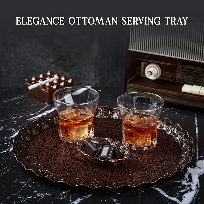 Crystalia Fancy Ottoman Serving Trays, Elegance Metal Turkish Trays for Beverage Serving, Vintage Ottoman Round Tray for Decorative Tea Coffee and Dessert Table, 12 inch Diameter