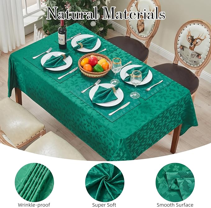 Rectangle Christmas Jacquard Table Cloth Waterproof Elegant Damask Floral Pattern Heavy Weight Wipeable Wrinkle Free Fabric Table Covers for Dinner or Daily Uses(Dark Green/60x104Inch)
