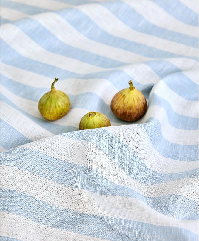 Solino Home Linen Square Tablecloth 52 x 52 Inch - Sorrento Stripe, 100% Pure Linen Blue and White Table Throw - Machine Washable Tablecloth for Winter, Spring, Easter