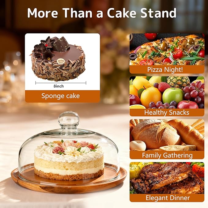 10 Inch Wooden Base Cake Display Stand with Glass Dome,Cloche Clear Glass Bell Jar Cover for Dessert Cheese Candy Plants Succulents