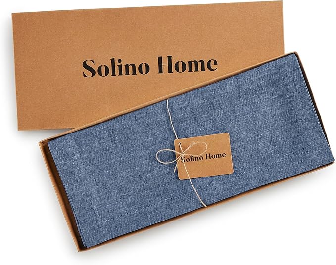 Solino Home Linen Table Runner 156 Inches Long - Athena, 100% Pure Linen Blue Denim Dining Table Runner 14 x 156 Inch for Spring, Easter