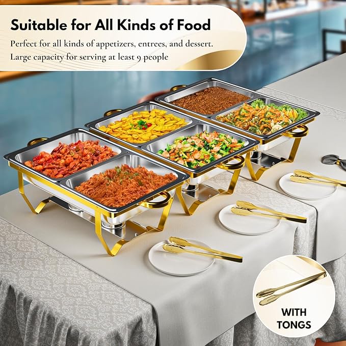 Gold Chafing Dishes for Buffet Set of 6, 9.5QT Chafing Dish Buffet Set with Tongs, Chafers and Buffet Warmers Set, Stainless Steel Food Warmers for Parties Buffet, Party Food Warmer Buffet Set