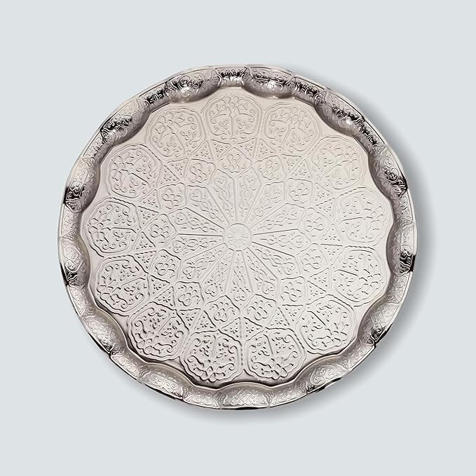 Alisveristime Turkish Ottoman Coffee Tea Serving Tray – 13.60 inches, Metal with Traditional Motifs, Available in Five Colors (Gray)