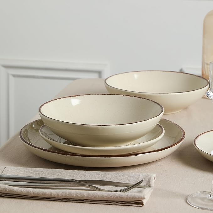 Earth and Clay Heath 12-Piece Dinnerware Set Stoneware, Plates and Bowls Set, Dishwasher and Microwave Safe, Dish Set for 4, Coffee