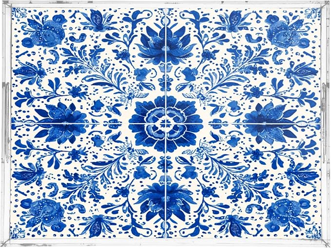 Serving Tray with Handles Clear Acrylic Tray 12x16 Inch Decorative Rectangular Tray Organizer for Ottoman Coffee Table Bathroom Floral Blue and White Tile