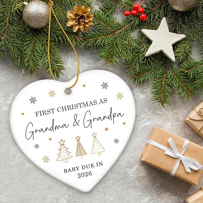 ZAGKOO First Christmas as Grandma and Grandpa Ornament 2025 - Baby Due in 2026 Ornament - New Grandparents Promoted to Grandparents Pregnancy Announcement Ceramic Heart Ornaments
