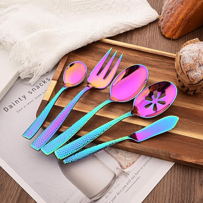 Serving Utensils Set, 5-Piece 18/8 Stainless Steel Hostess Serving Set, Elegant Hammered Serving Utensils for Home Restaurant and Buffet Catering, Heavy and Mirror Polished, Rainbow