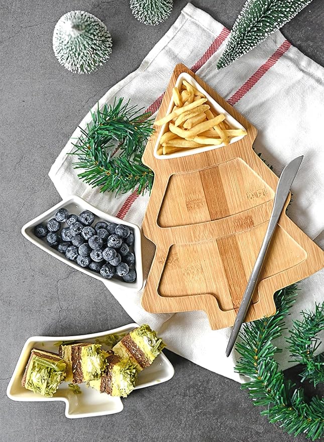 10.8 Inch White Snack Appetizer Trays Set, Small Christmas Tree Dessert Serving Dishes, Snack Platter, 3 pcs Removable White Porcelain Plates with Bamboo Tree Tray