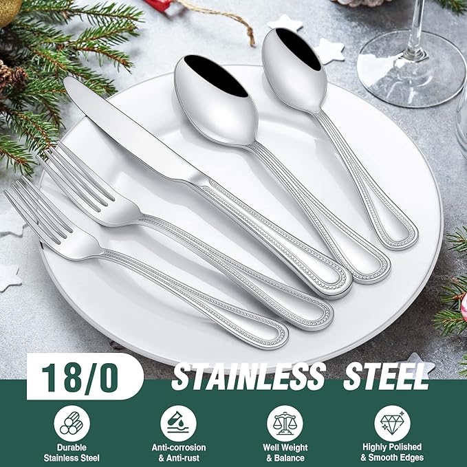 60 Pieces Silverware Set, Pearled Edge Silverware Cutlery Set Service for 12, Premium Stainless Steel Flatware Set, Knife Fork Spoon Tableware Set for Home, Restaurant, hotel, Dishwasher Safe