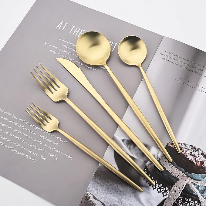Flatware Set 18/10 Stainless Steel Matte Champagne Gold - Kitchen Utensil Serving Set of Dinner Fork Knife Spoons Salad Fork Dessert Spoon,5 Piece Set of 1 (Champagne Gold)