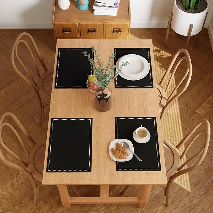 Encasa XO Placemats Set of 4 | Cotton Hemstitched Design | Black | Rectangular 19"x13" - Dining Table Mat | for Dining Table Fall Decoration, Holiday & Christmas Festivals - Machine Washable