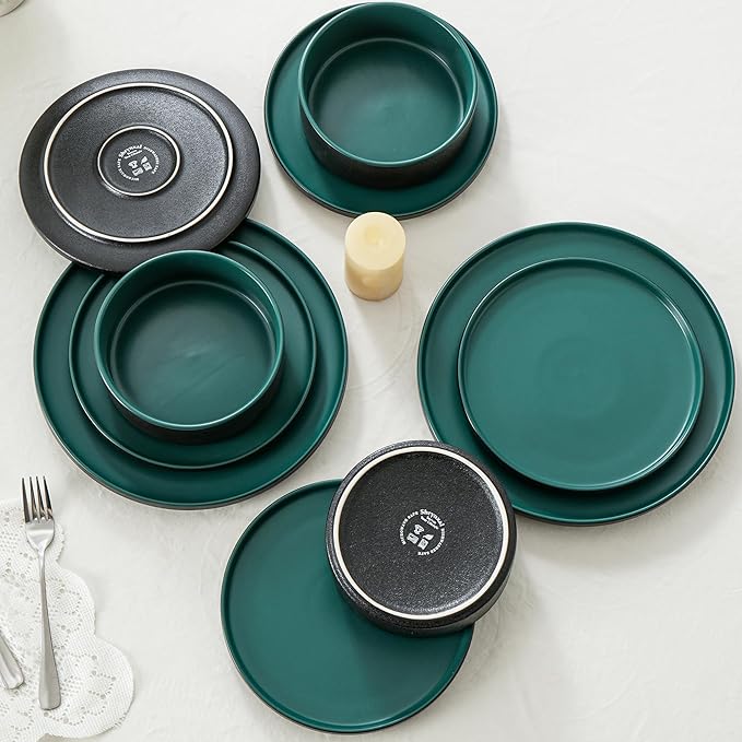 Plates and Bowls Sets, 6 Piece Ceramic Dinnerware Set for Family and Gatherings, Dishes Set for 2, Dishwasher & Microwave Safe, Handcrafted Stoneware Sets, Modern Green