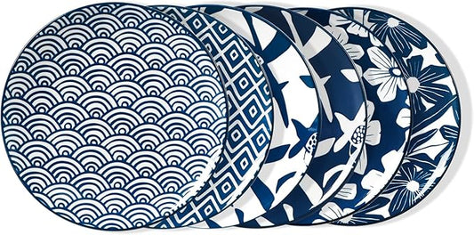 ONEMORE Ceramic Salad Plates Set of 6, 8.5 inch Dinner Plates- Microwave, Oven & Dishwasher Safe Porcelain Small Pasta Plates - Artistic Japanese Style, Scratch Resistant, Sturdy - Vintage Blue
