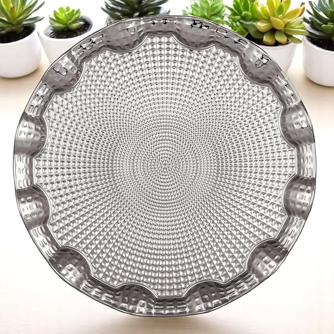 Alisveristime Round Metal Serving Tray for 6 – Ottoman Motif, (13.8" Diameter, 17.5 oz) (Silver)