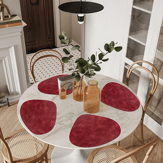 ADRIMER Placemats, Heat Resistant Round Placemats Set of 4 Washable 13 x 17 Inch, Waterproof Table Mats Wipeable for Kitchen, Dining Room Table Christmas Decor, Wine Red