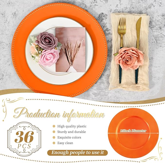 36 Pcs Orange Charger Plates Round Charger Plates13 Inch Bulk Wedding Dinner Elegant Reusable Plastic Chargers Plates Wedding Holiday Party Baby Shower Event Decoration (Orange)