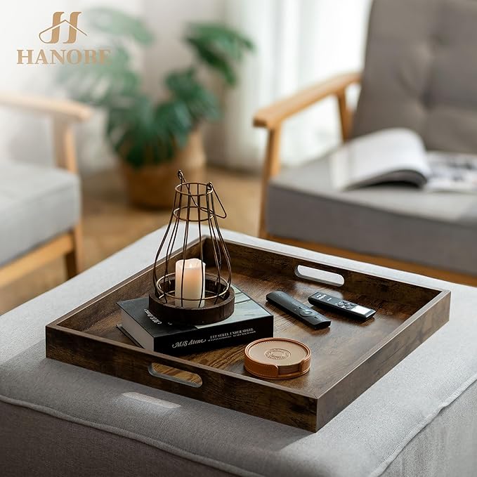 Hanobe Serving Tray for Ottoman Large: Rustic Brown Coffee Table Trays 20 Inch Square with Handles for Living Room - Farmhouse Extra Oversized Wood Decorative Topper for Kitchen Parties