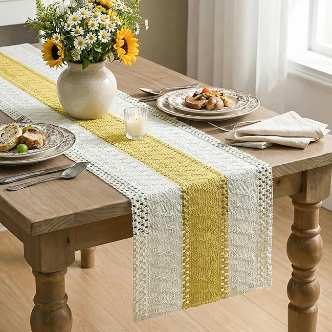 Artoid Mode Yellow Farmhouse Rustic Table Runner, Seasonal Holiday Hollow Kitchen Dining Table Decoration for Home Party Decor 12x48 Inch