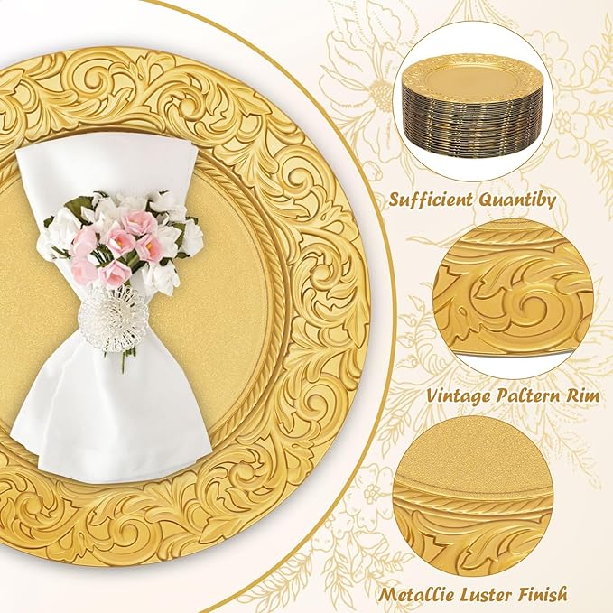 100 Pcs Antique Charger Plates Bulk 13 Inch Embossed Rim Plastic Party Dinner Plate Chargers Round Decorative Server Plate for Wedding Party Event Tableware (100pcs-Gold-3)