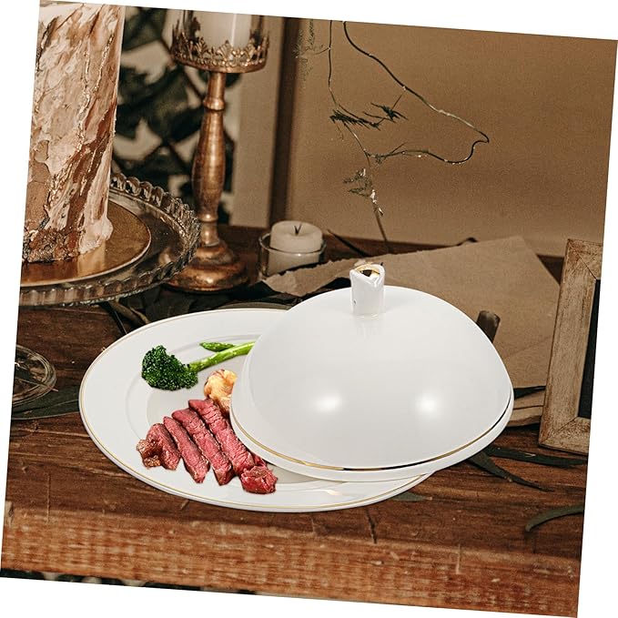 Mobestech Gold Trimmed Ceramic Plate with Lid for Western-style Cuisine Steak Serving Tray Food Storage Dishwasher Safe for Entertaining and Meal Prep