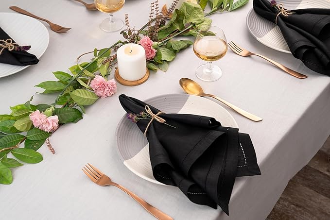 D'Moksha Homes Black Linen Napkins Set of 8 - Classic Hemstitch 100% Pure Linen Hemstitch Dinner Napkins 20 x 20 Inch for Winter, Christmas, Holiday, New Year - Handcrafted and Machine Washable