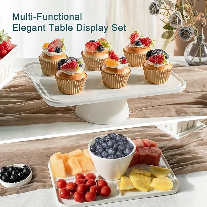 Cake Stand, 13 Inch Rectangular Ceramic Cake Stands for Party, Elegant Wedding Cake Plate for Dessert Table, Dessert and Cupcake Stand for Birthday Party and Baby Shower, White