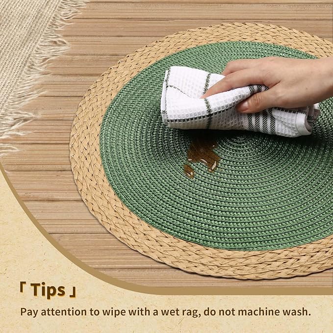 Noctiflorous Round Placemats Set of 6, 15 Inch Braided Hand Woven Table Mats, Heat Resistant Non-Slip Wipeable Wide Edge Place Mats for Kitchen Dining Indoor Outdoor Use(Green, 6)