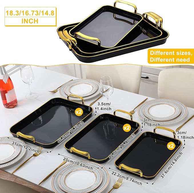 Rtteri Set of 6 Serving Platters with Handles 18.3/16.73/14.8 Inch Large Rectangular Serving Tray Reusable for Entertaining Dinner Party Wedding Decoration(Golden Handles,Black)