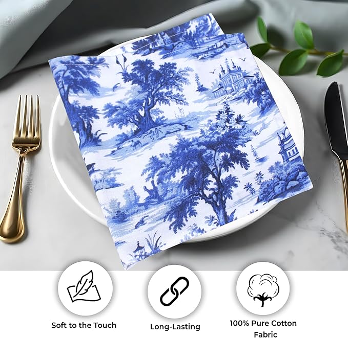 Urban Villa Cloth Napkins 100% Cotton Dinner Napkins Highly Absorbent 20x20 Inches (Set of 12) French Toile Blue Reusable Washable Soft Durable Premium Napkins Ideal for Home Wedding Parties