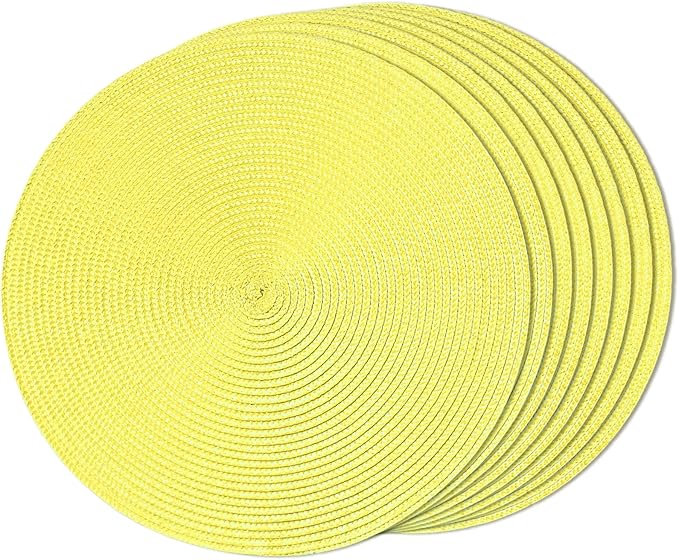 FunWheat Round Braided Placemats Set of 8 Table Mats for Dining Tables Woven Washable Non-Slip Place mats 15 inch(Lemon Yellow, 8pcs)