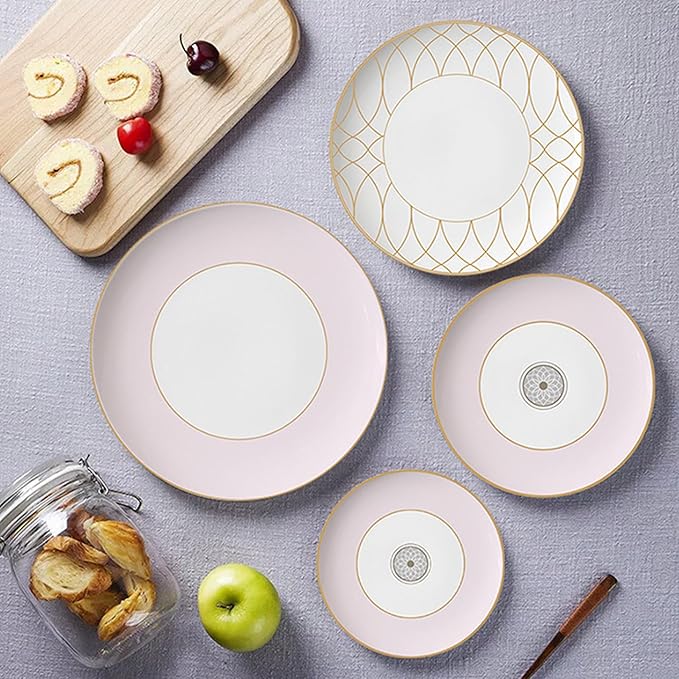 gold trim dinnerware set service for 4, 16 pieces pink and white ceramic plate set, luxury bone china dishes sets for wedding, anniversary, fine dining present