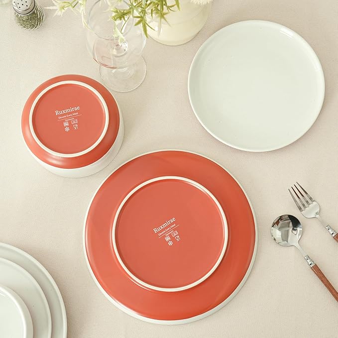 12 Piece Dinnerware Sets for 4, Dual Glaze Stoneware Plates and Bowls Set, Microwave and Dishwasher Safe, Stardust Glaze White