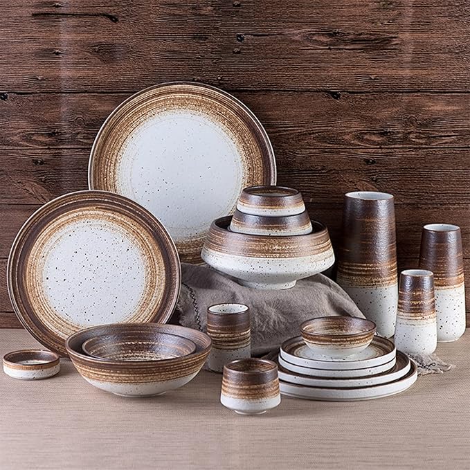 Ceramic Dinnerware Set, Dishes Set, 22 Pcs Brown Gradient Plates and Bowls Sets, Tableware Combination Set, Handpaint Spiral Texture Dinner Set with Glaze Dot, Service for 4