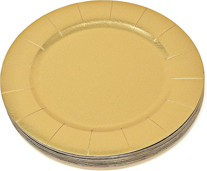 Gift Boutique 24 Disposable Gold Round Charger Plates 13 Dinner Table Serving Tray Heavy Duty Reusable Paper Cardboard Platters for Table Setting Placemats Cupcake Dessert Birthday Parties Weddings