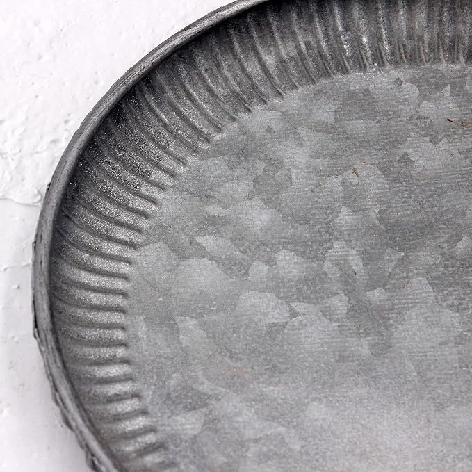 Funerom 7.8 inch Very Small Round Galvanized Metal Tray Decorative Tray Corrugated Edges