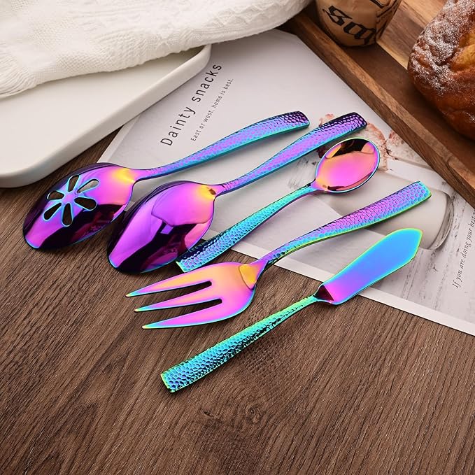 Serving Utensils Set, 5-Piece 18/8 Stainless Steel Hostess Serving Set, Elegant Hammered Serving Utensils for Home Restaurant and Buffet Catering, Heavy and Mirror Polished, Rainbow