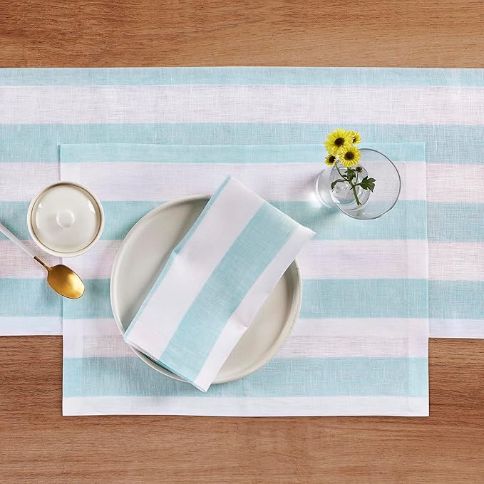 Solino Home Linen Cloth Placemats Set of 4 - Cabana Stripe 100% Pure Linen Aqua and White Farmhouse Placemats 14 x 19 Inch