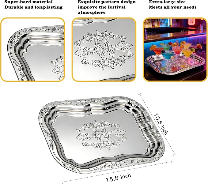 4-Pack Large Silver Serving Trays – 15.8×10.8in Stainless Steel Platter Set with Mirror Surface, Silver Plates for Food Display, Appetizers, Charcuterie, Desserts & Event Table Decor