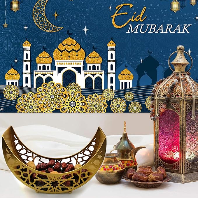 Eid Mubarak Moon Star Tray, Ramadan Decoration Ramadan Trays, Muslim Wooden Plate Tray Moon Star Shaped Food Fruit Serving Tray, Eid Mubarak Dessert Tray for Ramadan Festival Party(Golden A1)
