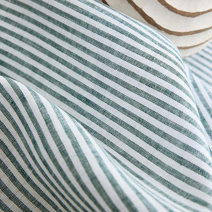 Solino Home Linen Cloth Placemats Set of 4 - Narrow Stripe 100% Pure Linen Rainforest and White Farmhouse Placemats 14 x 19 Inch for Christmas, New Year